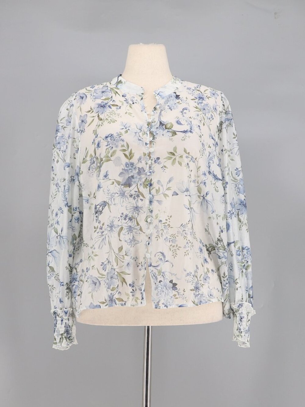 BAILEY 44 Sheer Blue & White Floral Long Sleeve Blouse Size XL